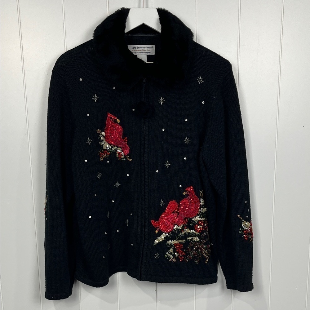 Tiara Vtg Womens Sweater L Black Red Cardinals & Snowflakes Zip Front Sequins